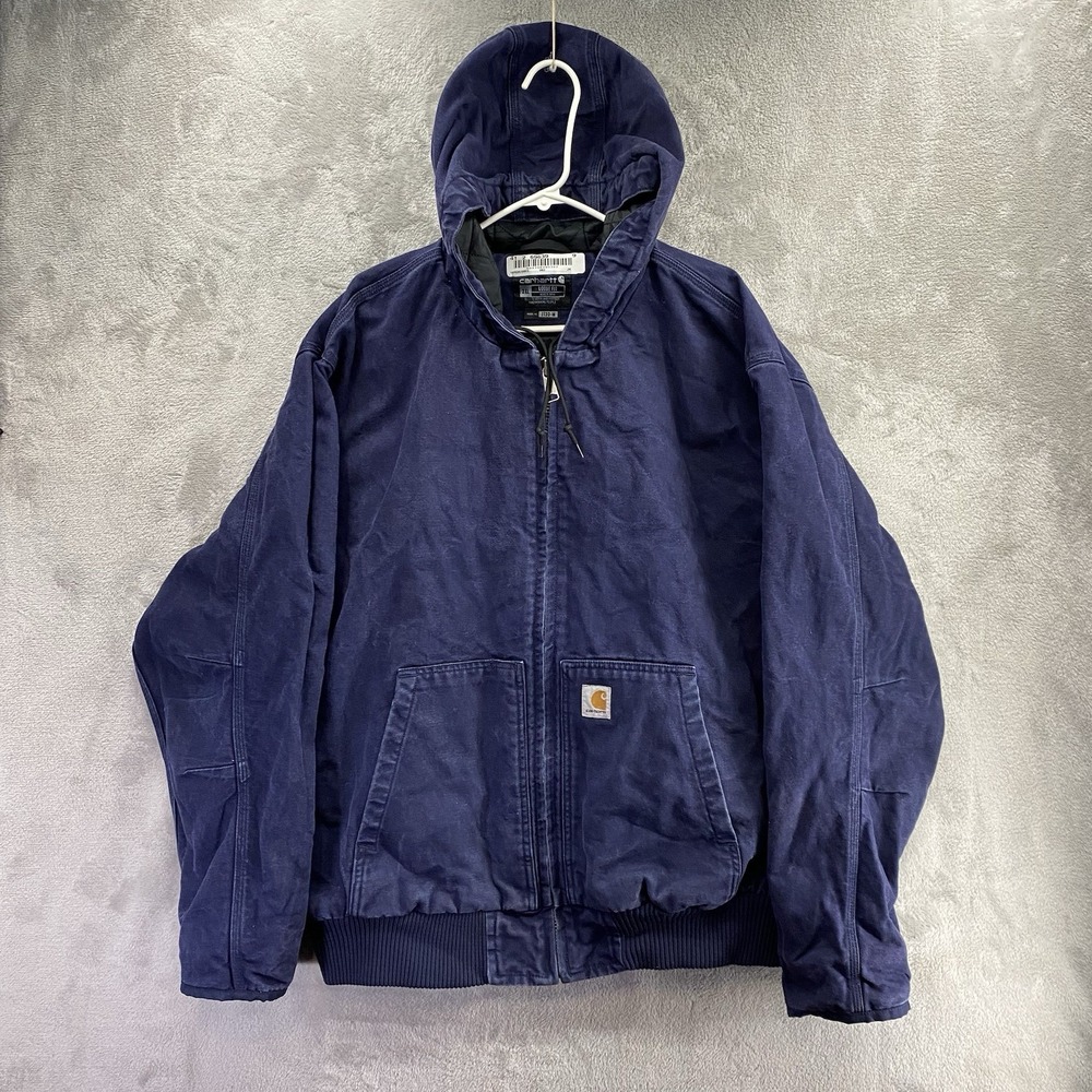 90s Vintage Carhartt J130-M Hooded Active Jacket Navy Size 2XL Made in USA EUC